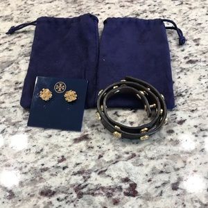 Tory Burch leather logo bracelet & earrings